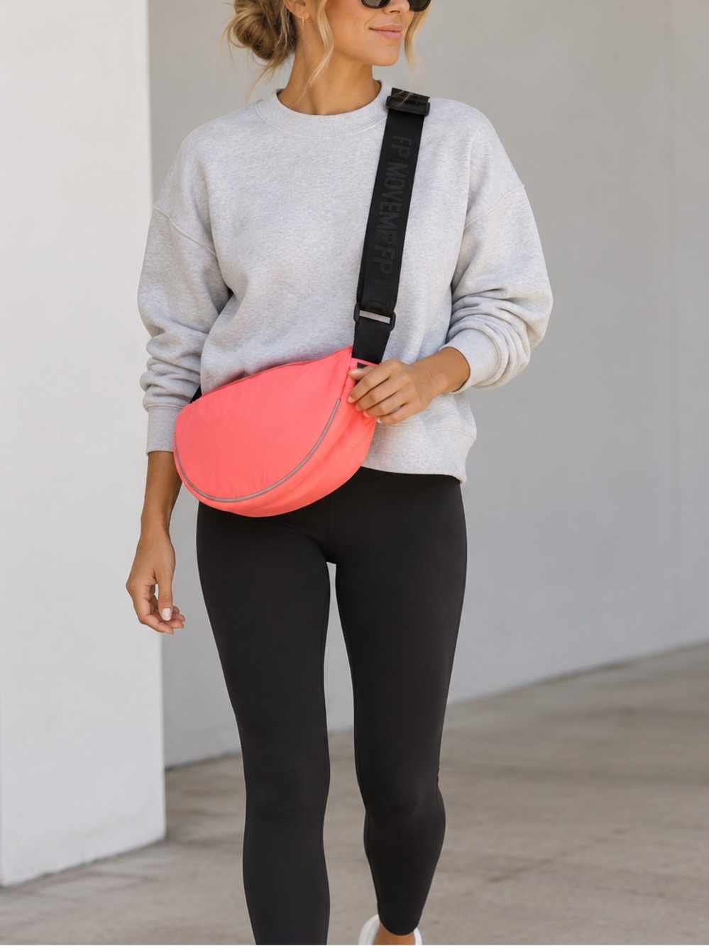 FP Movement by Free People Coral Pink Crescent Crossbody Bag Black Strap NWT